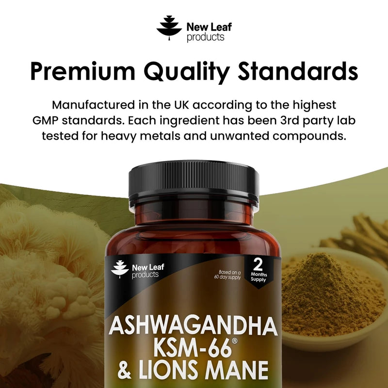 Ashwagandha KSM-66 and Lions Mane Capsules - High Strength 2000mg KSM-66 Ashwaghandha Root Extract and Lions Mane Mushroom Extract - 120 Vegan Capsules with Black Pepper - UK Made by New Leaf