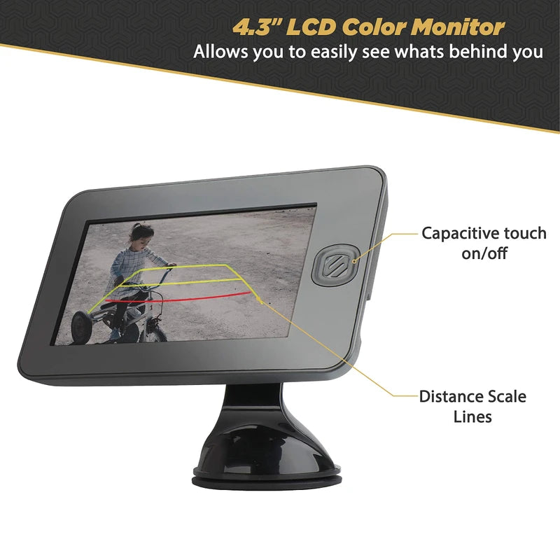 SCOSCHE WBUSSPF43 Wireless Solar Powered Backup Camera System with 4.3” Color Dash Monitor and License Plate Frame for Cars, Trucks and SUV’s