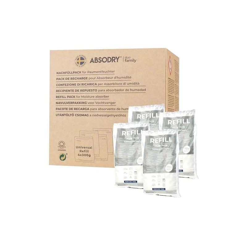 AbsoDry - Dehumidifier Refill Pack 4 x 300 g - AbsoDry Compatible - Prevents Odour & Binds Moisture - Desiccant Bag with Granules for Room Dehumidifier - Dehumidifier Refill Pack