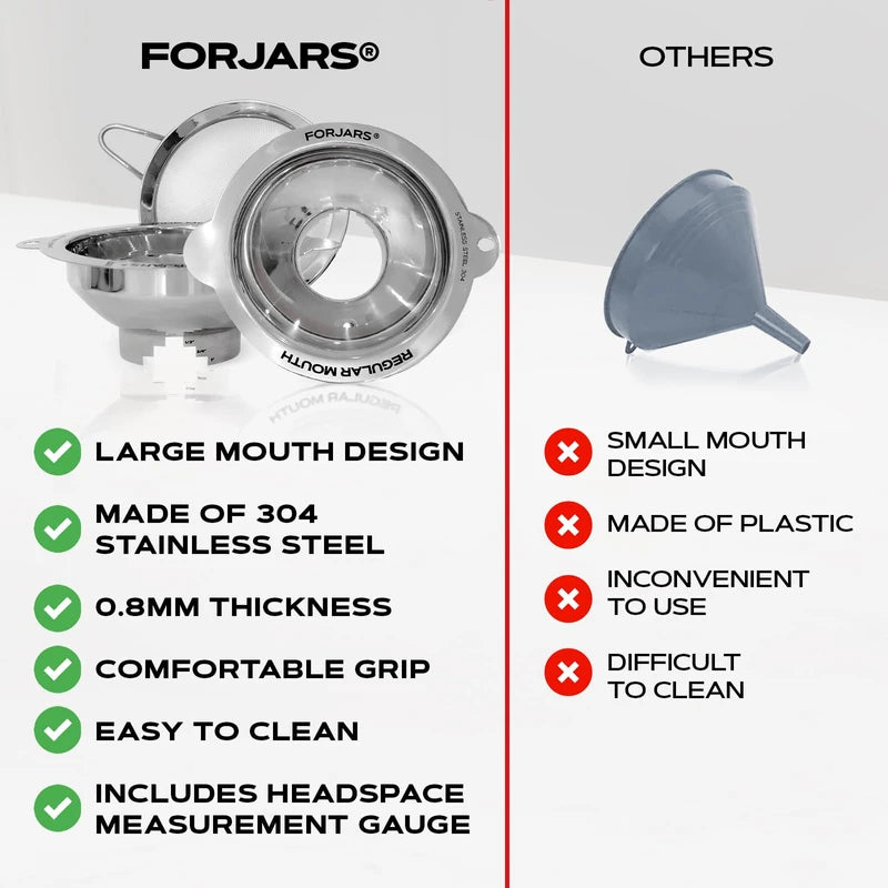 Forjars Canning Funnel Set - with Strainer for Wide and Regular Mason Jars and Food Funnels for Transferring Oils - Durable, Small, Stainless Steel Kitchen Funnel Set - Canning Supplies Kit