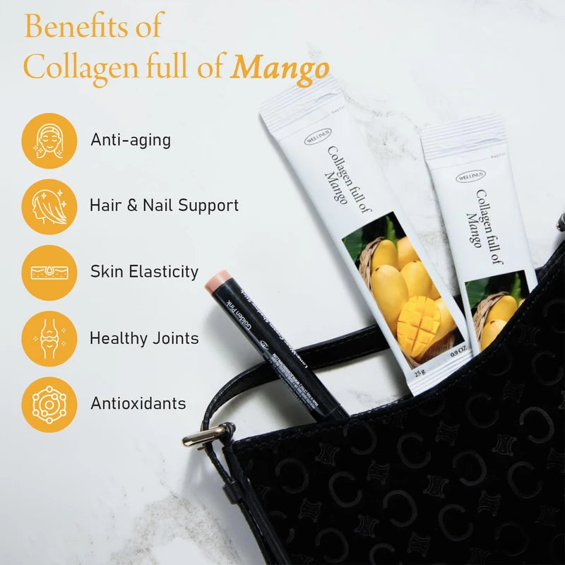WELLINUS Collagen Full of Mango, Jelly Stick, Marine Collagen, Fast Absorbing, Snack, Ultra-Low Weight Molecular Marine Collagen, HACCP Certified, 22.05 oz/Pack of 25