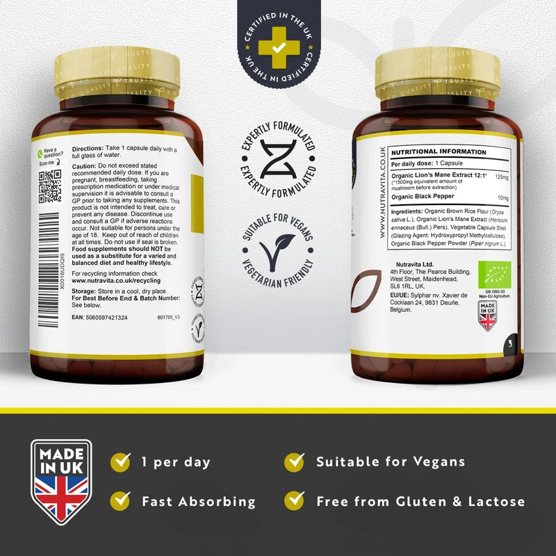Organic Lions Mane Mushroom 1500mg - 120 High Strength Vegan Capsules (Not Powder) - Lions Mane Supplement with Organic Black Pepper - Made in The UK by Nutravita