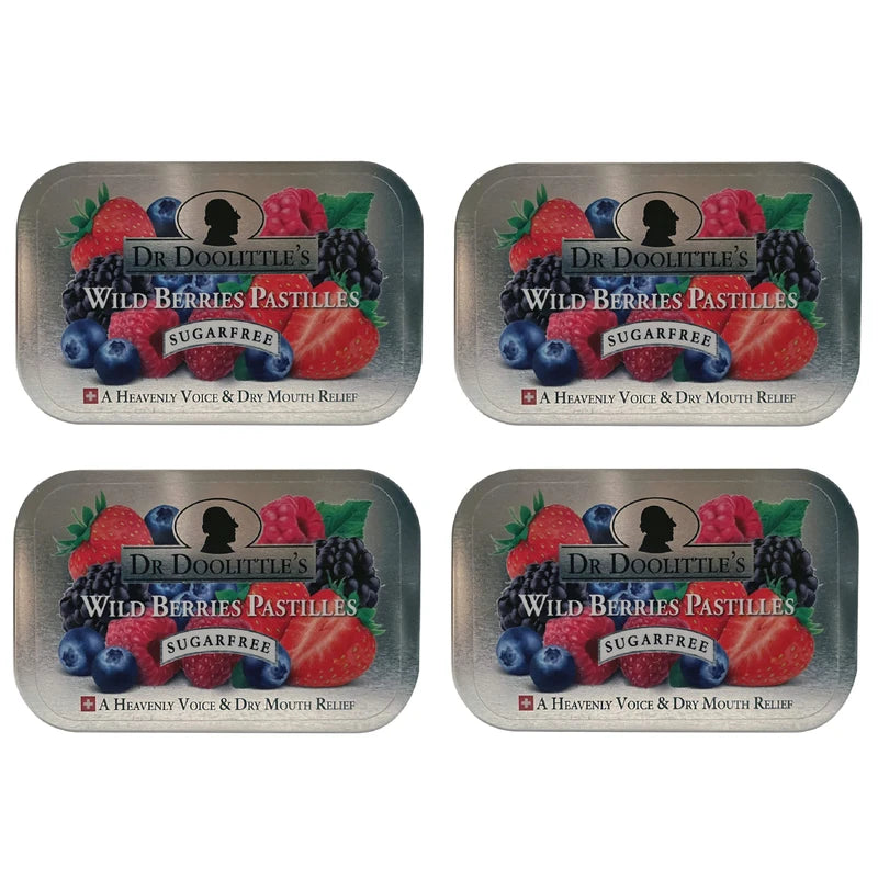 DOOLITTLE DOOLITTLE Sugar Free Soft Fruit Pastilles for Voice and Throat, Wild Berries Flavor, 2.12 Ounce Tin, Approximately 25 Count Package, 4 Pack