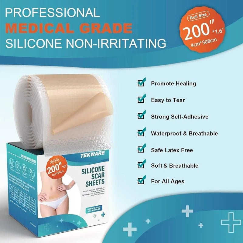 Tekware Extra Long Silicone Scar Sheets (1.6” x 200” Roll-5M), Silicone Scar Tape, Reusable Scar Removal Sheets, Professional Scar Away Strips for Surgical Scars, Keloid, C-Section, Burn, Acne et