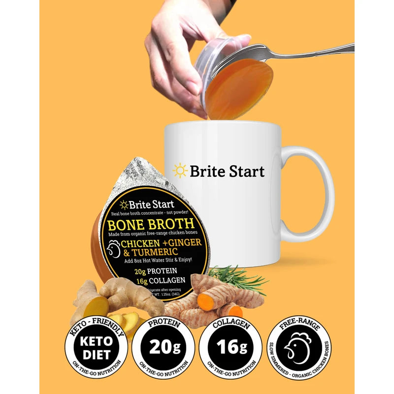 Brite Start Bone Broth - Chicken + Ginger & Turmeric - 4 Count - Keto Friendly Concentrate with 16g Collagen, 20g Paleo Protein - Made from Free Range Chicken Bones - Single Serve Packets