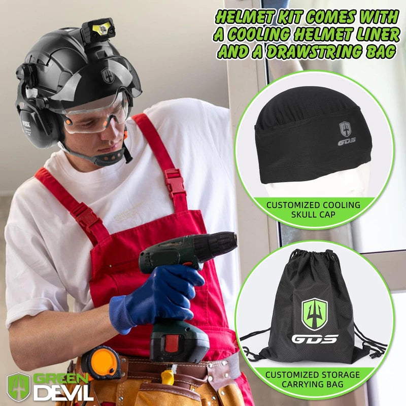 GREEN DEVIL Hard Hat Safety Helmet with Rechargeable Headlamp Light and Visor Ear Muffs Vented Work Hardhat ANSI Z89.1 Cascos De Construccion for Industrial Construction Forestry