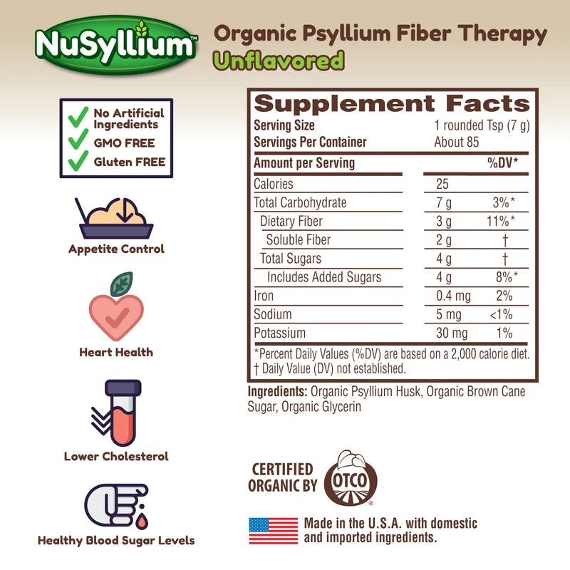 NuSyllium Psyllium Husk Powder, Organic, 21 Oz (Pack of 2) Dietary Fiber Supplement with Brown Sugar, Helps Promote Digestive Health* & Appetite Control* Non-GMO, Gluten Free, Unflavored, 85 Servings