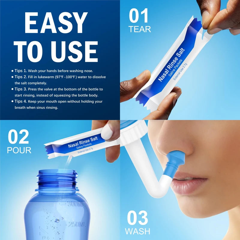 MAOEVER MAOEVER Neti Pot Sinus Rinse Bottle Nose Wash Cleaner Pressure Rinse Nasal Irrigation for Adult & Kid BPA Free 300 ML with 30 Nasal Wash Salt Packets and Sticker Thermometer(Blue)