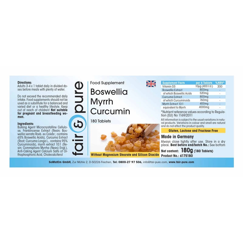 Fair & Pure® - Frankincense, Curcuma and Myrrh - 180 Tablets - Boswellia Myrrh Curcumin - with Vitamin D3