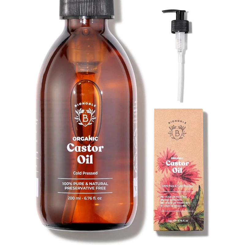 Bionoble Organic Castor Oil 200ml - 100% Pure, Natural and Cold Pressed - Lashes, Eyebrows, Body, Hair, Beard, Nails - Vegan and Cruelty Free - Glass Bottle + Pump