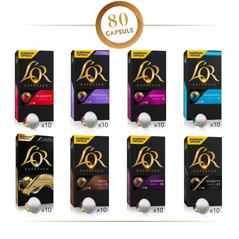 L'OR Favourites Assortment Nespresso Compatible Coffee Pods (Pack of 8, Total 80 Drinks)