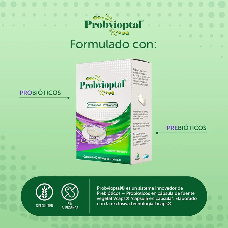 Probvioptal™ Probióticos y Prebióticos | 14,000 Millones de UFC | 60 Cápsulas con Tecnología Duocap | Salud Digestiva e Inmunológica | Sin Gluten | Alta Potencia | B BOMUCA