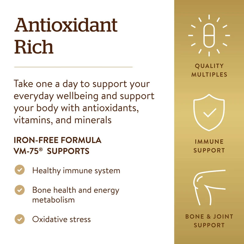 Solgar Iron-Free Formula VM-75, 180 Tablets - Multivitamin with Chelated Minerals - Vitamin A, B6, B12, C, D, E - Biotin, Magnesium, Calcium, Zinc - Vegan, Gluten & Dairy Free, Kosher - 180 Servings