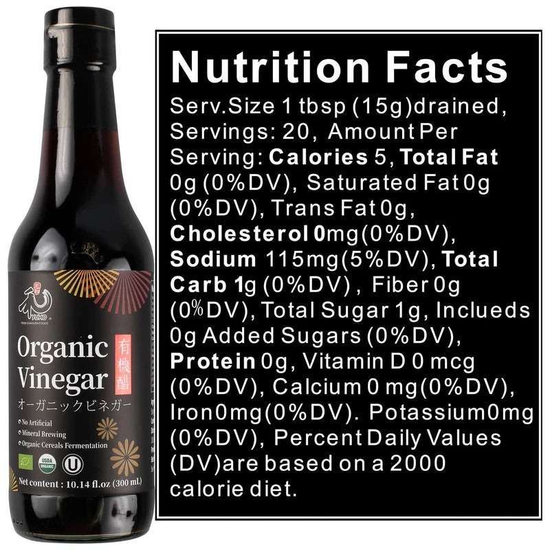 YUHO Organic Black Vinegar Organic Cereals Fermentation Chinkiang Vinegar USDA EU Organic, Less Salt, Kosher, No Artificial Add, Vegan 10.14 fl oz(300ml)