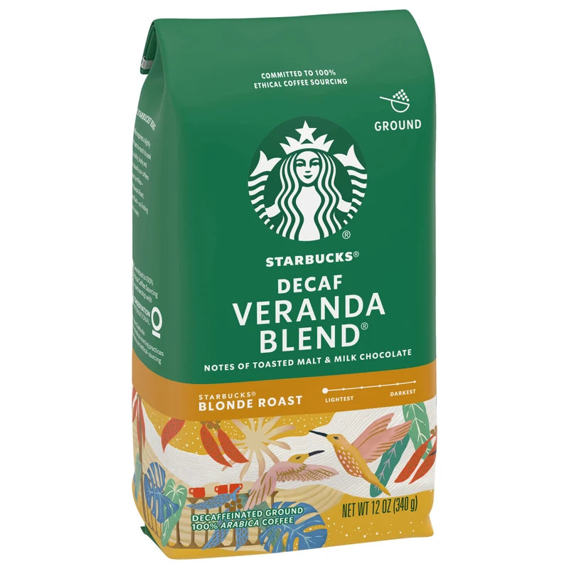 Starbucks Decaf Ground Coffee, Decaf Veranda Blend, Blonde Roast, Decaffeinated Ground Coffee, Lightly Roasted 100% Arabica Coffee, 12 Ounce (Pack of 2)