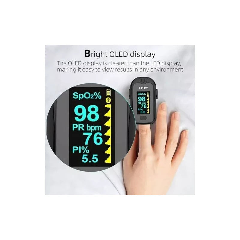 LPOW Fingertip Pulse Oximeter – Blood Oxygen Saturation (SpO2), Pulse Rate & PI Monitor with OLED Display, Alarm & Bluetooth App – Includes Batteries & Lanyard