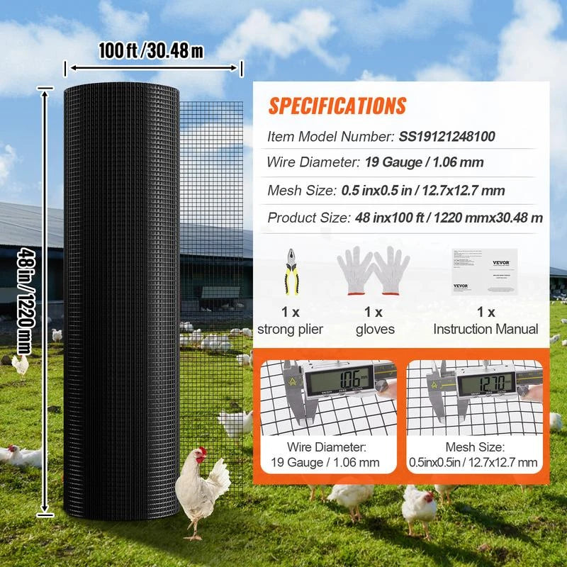 VEVOR Hardware Cloth, 48'' x 100' Galvanized Wire Mesh Roll, 19 Gauge Chicken Wire Fence Roll, Vinyl Coating Metal Wire Mesh for Chicken Coop Barrier, Rabbit Snake Fences, Poultry Enclosures - Size:: 24in*50 ft【16Ga】, Wire Diameter:: 16 Ga