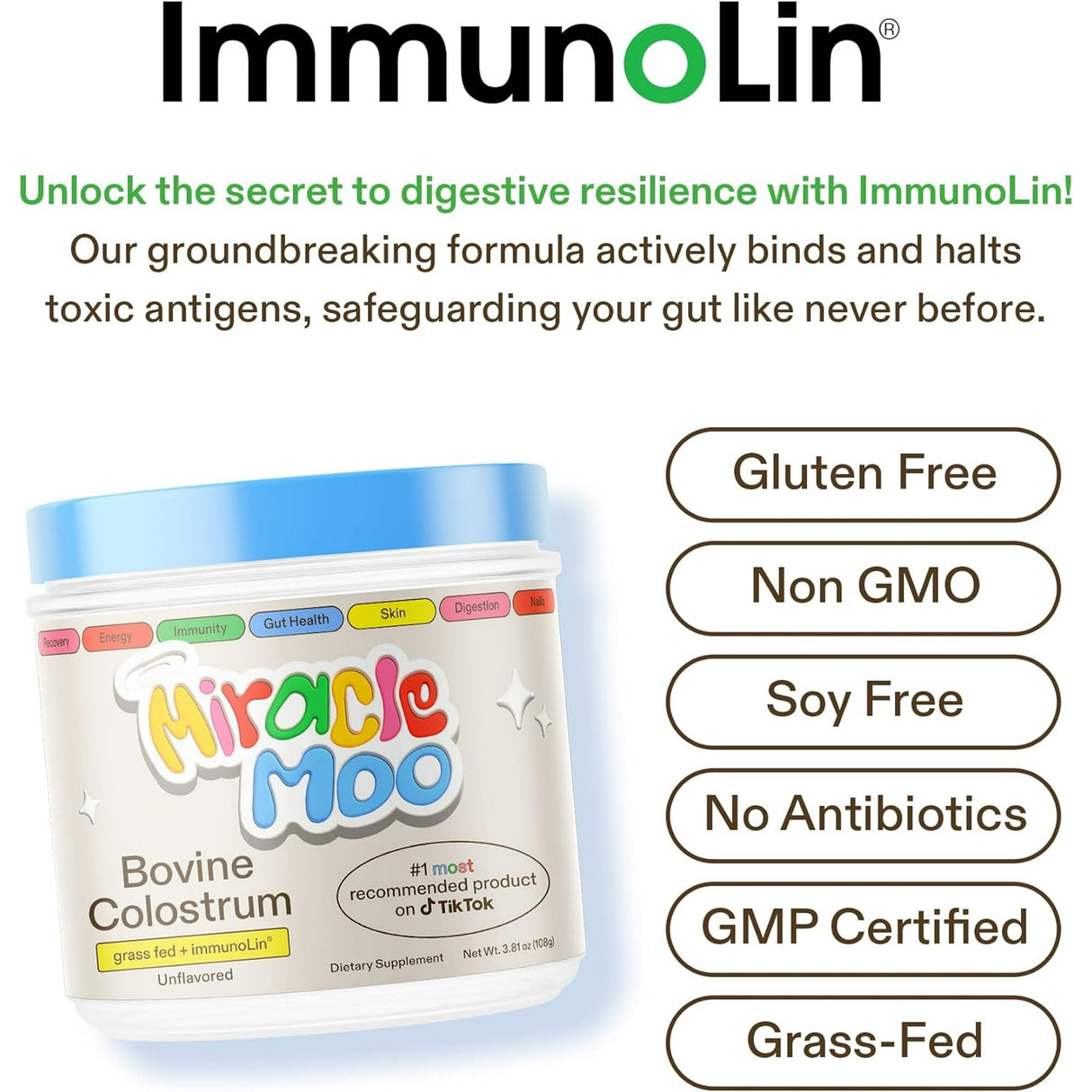 3 Pack Colostrum Supplement for Gut Health, Hair Growth, Beauty and Immune Support - Easy to Mix Grass Fed Bovine Powder - Highest IgG Plus ImmunoLin, Unflavored 60 Servings