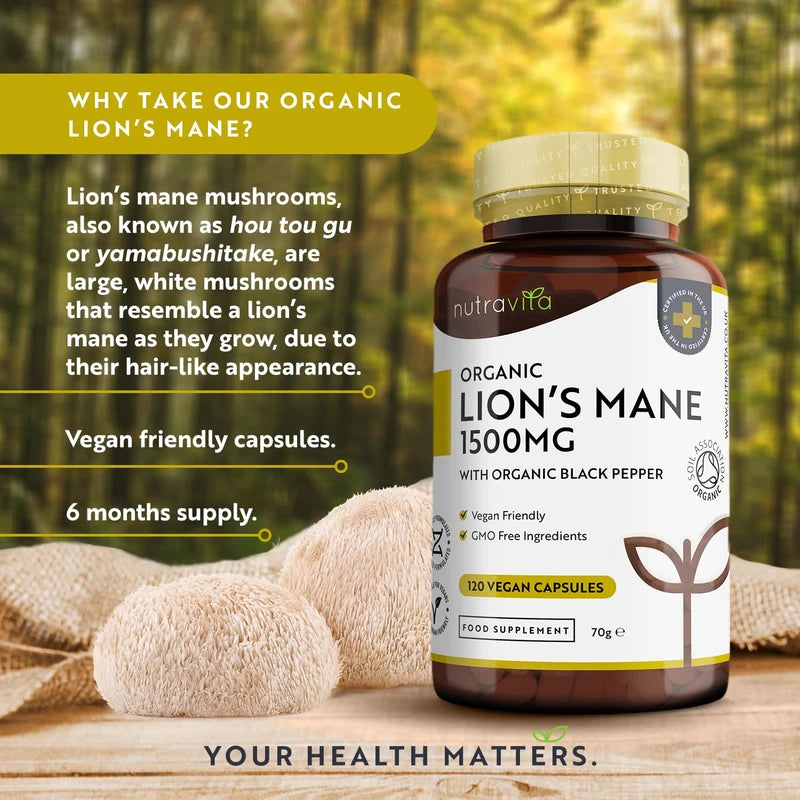 Organic Lions Mane Mushroom 1500mg - 120 High Strength Vegan Capsules (Not Powder) - Lions Mane Supplement with Organic Black Pepper - Made in The UK by Nutravita