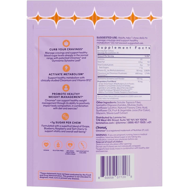 Lemme Curb Cravings Soft Chews - Reduce Appetite, Support Healthy Diet, Metabolism & Lean Body w/Clinically Studied Chromium, Gymnema & B12, No Added Sugar, Mixed Berry, 30 Count (Month Supply)