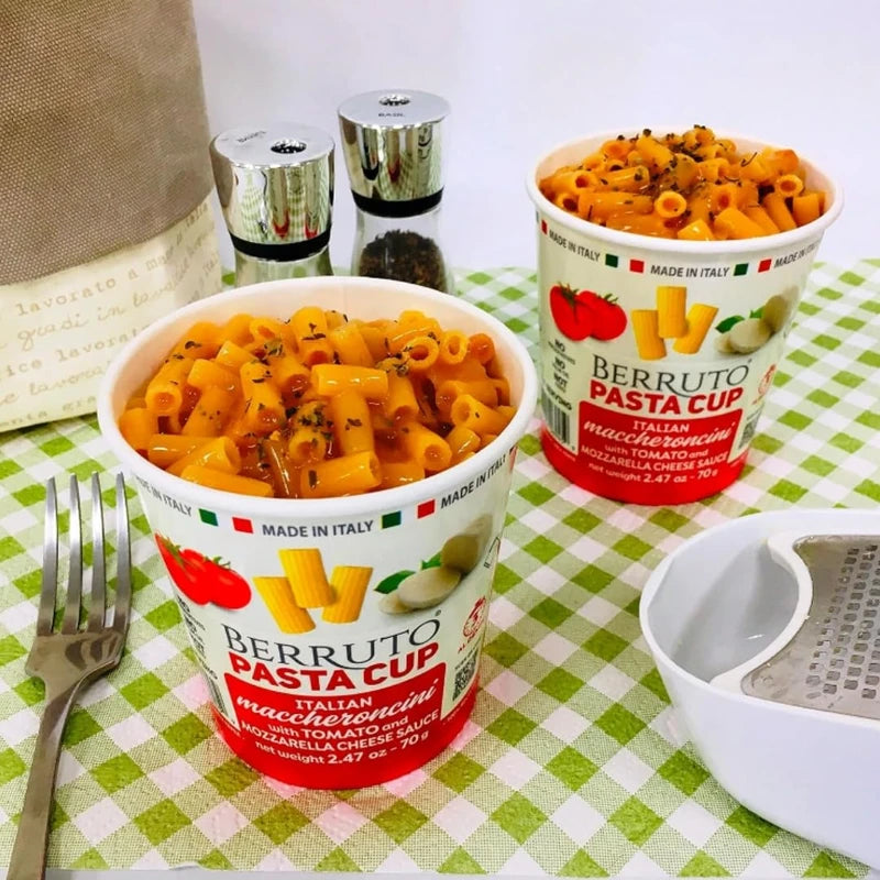 Berruto Individual Pasta Cup 2.4 oz, Pomodoro Mozzarella – Recyclable Microwave Pasta Food Meals – No Palm Oil, Non-Preservatives – (2 Pack)