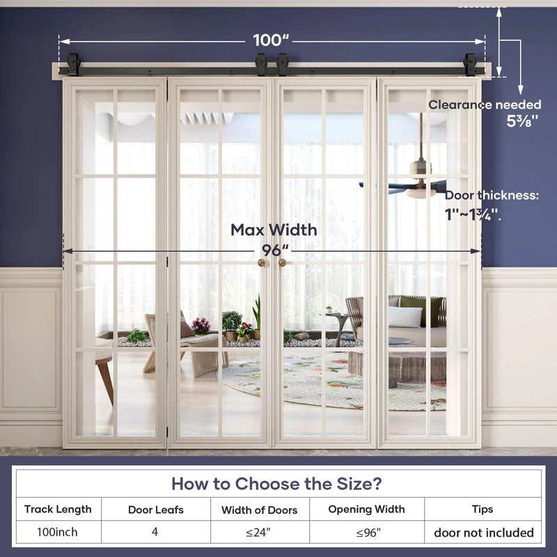 FINOSEN 100 inch Bifold Barn Door Hardware Track Kit for Four 24 inch Closet Doors,Top Mount Sliding System,Heavy Duty Roller,Smoothly and Quietly,Black(Bifold Door Not Included)