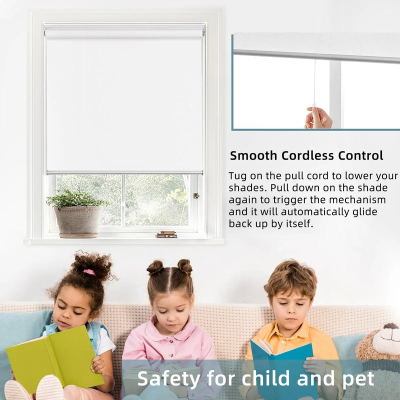 ChrisDowa Blackout Roller Shade Cordless Blinds for Indoor Windows Total Black Out Pull Down 34 Inch Blinds with Jacquard Fabric Thermal Insulated UV Protection for Home, Office (White, 34"W x 72"H)