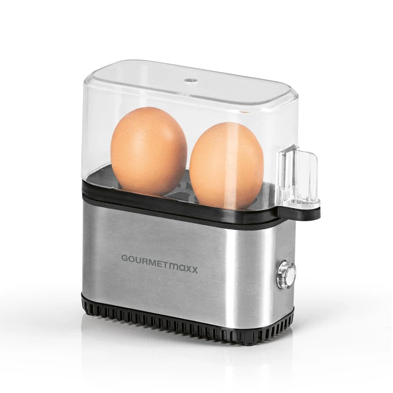 GOURMETmaxx Design Egg Cooker for 2 Eggs, Compact Egg Boiler, Egg Cooker with Egg Cutter, Measuring Cup and Beep, 3 Hardness Levels, Easy to Clean and Dishwasher Safe Parts