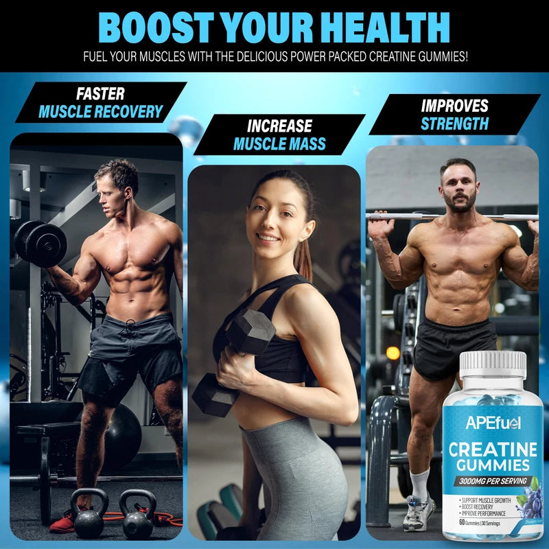 APEfuel Creatine Gummies for Men & Women - Sugar-Free Blueberry Flavored Pre-Workout Gummies for Muscle Growth, Strength & Cognitive Support - 3000mg Creatine Dietary Supplement (30-Days Supply)