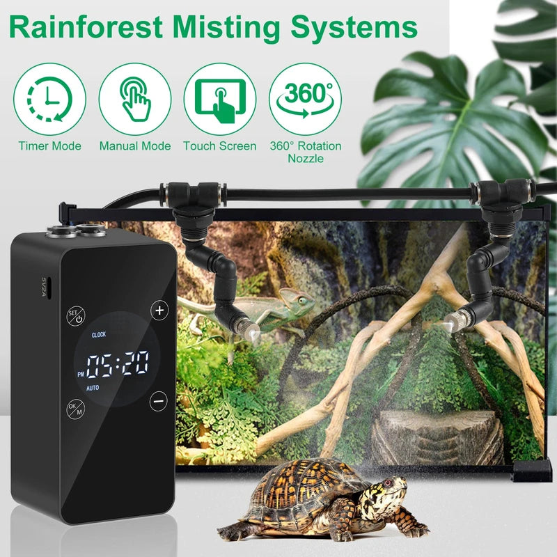 Updated Reptile Mister – Humidifier for Tanks, Amphibians, and Rainforest Plants with Timer and Manual Spray Functions