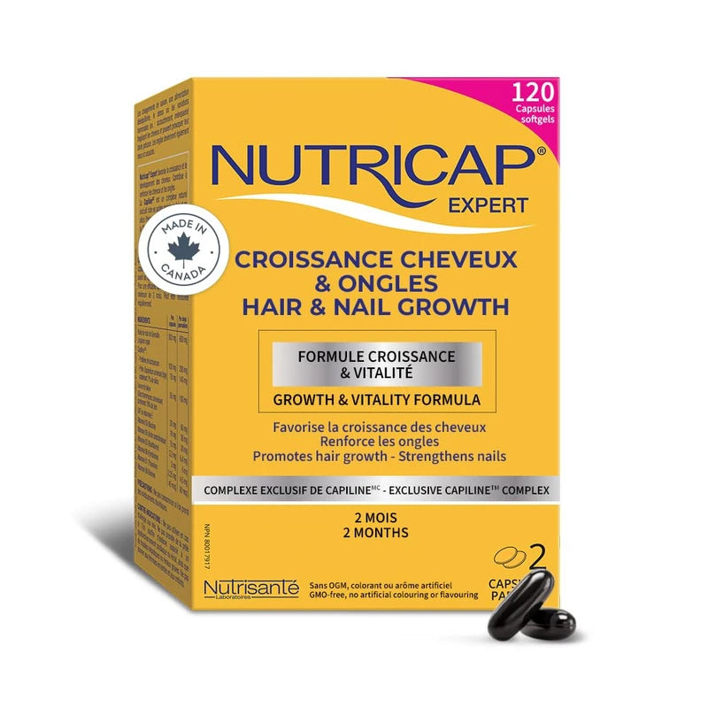NUTRISANTÉ Nutricap Expert Hair & Nail Growth - Made In Canada - Biotin, Walnut Oil, Vitamin B3 - Hair Growth, Strengthens Nails - 2 Months Treatment - 120 softgels