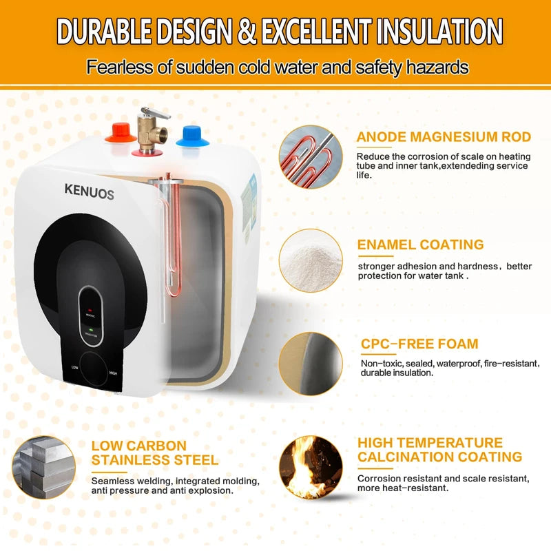 KENUOS Under Sink Instant Hot Water Heater 2.5 Gallon 110V 120V 1500W Mini Tank Water Heater Kitchen RV On Demand Small Water Heater with Pressure Release Vavle 1/2" NPT,Wall Floor Mounted Black