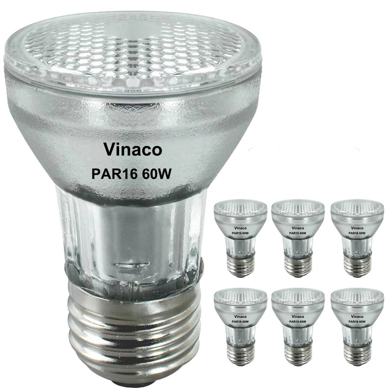 Vinaco PAR16 Bulb 120V, 6 Pack Long Lasting PAR16 Halogen Bulb 60 Watt with E26 Base, PAR16 Dimmable with 2800K Warm White, High Output PAR16 Flood 60W for Range Hood Lights, Table Light, Track Light