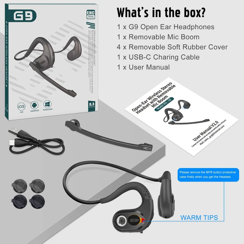 Giveet Bluetooth 5.3 Headset with Detachable Microphone, DSP Noise Cancelling Wireless Headset for Phone PC Laptop, Open Ear Comfort Headphones for Office Home Working Driving Running, 12 Hrs Playtime