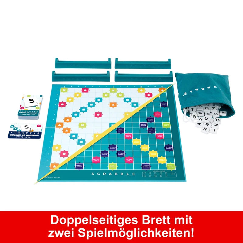 MATTEL GAMES Scrabble Two in One Double-Sided Board Game for Fast, Casual and Cooperative Game, Includes 50 Target Cards for Scrabble Together, Easy Scoring, HWD45