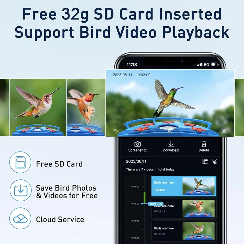 Hummingbird Feeder with Camera, Smart Bird Feeder with Camera Solar Powered, Free AI Identify Bird Species, Auto Capture Bird Videos, Ideal Gift for Bird Lover (2.4G HZ WiFi)
