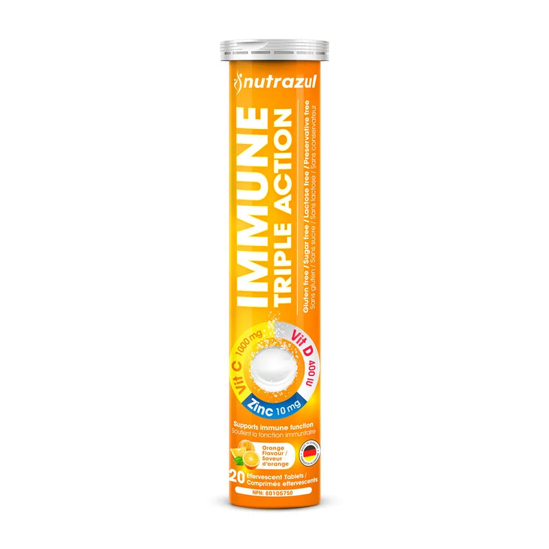 Nutrazul Immune Triple Action Effervescent Tablets - Vitamin C 1000 mg, Vitamin D 400 IU, Zinc 10mg I Orange 20's ( Pack of 3) I Gluten Free, Sugar Free, Lactose Free & Preservative Free I Maintains Immune Function, Healthy Bones, Cartilage, Teeth & Gums