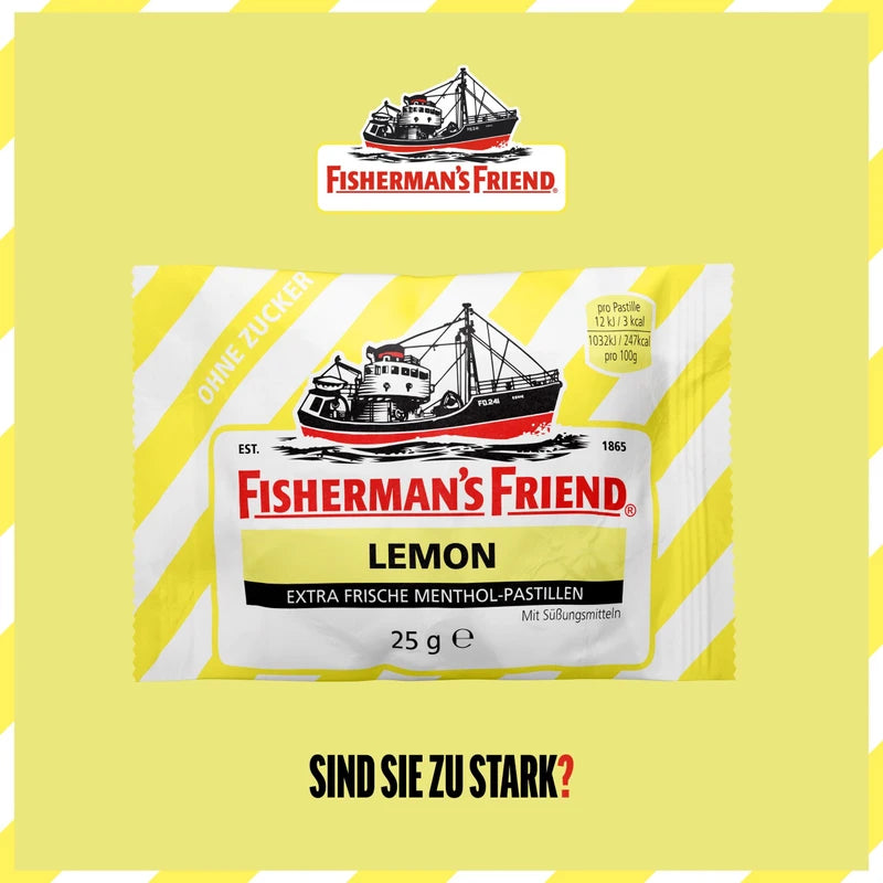 Fisherman's Friend Lemon, 24er Vorratsbox, Zitrone und Menthol Geschmack, zuckerfrei & vegan, Bonbons für frischen Atem, 24 x 25g