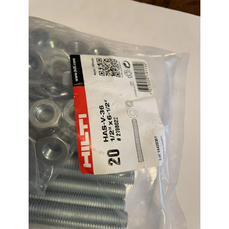 Hilti Epoxy Anchor Rods Package of 20 HAS-V-36 1/2" x 6-1/2" #2198022 Concrete