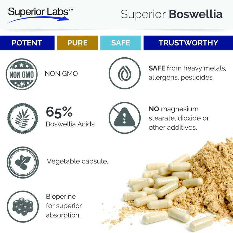 Superior Labs Superior Labs Boswellia Extract - Pure Non GMO Boswellic 65% Acids. Superior Absorption Zero Synthetic Additives - Powerful Formula Joint, Knees, HIPS, Immune, 500mg SVG, 240 Veg Capsules