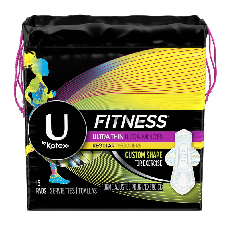 U by Kotex Fitness Ultra Thin Pads with Wings, Regular Absorbency, Fragrance-Free Pads, 15 Count