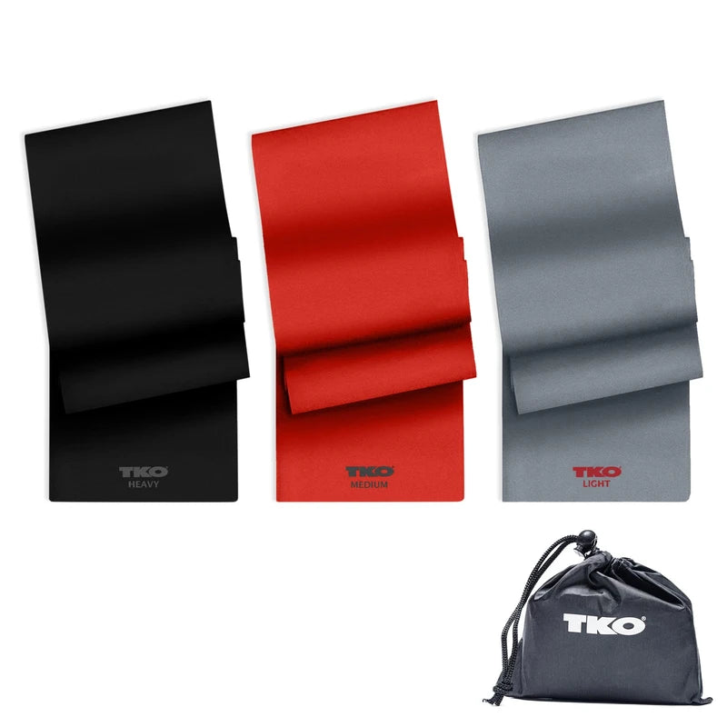 TKO Resistance Bands Set 3-Pack - 3 Latex-Free Rubber Flat Exercise Bands in Light, Medium, and Heavy Resistance Levels for Physical Therapy, Stretching, Strength Training (3-Pack, Black/Red/Gray)