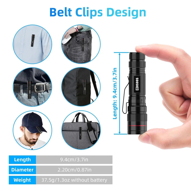 COSOOS 3 Mini LED Tactical Flashlights with Clip, 3.7inch Zoomable Bright AA Flashlight High Lumen, Pocket-Size Penlight, 1 Light Mode, Small Portable Waterproof Pen Flash Light for Camping