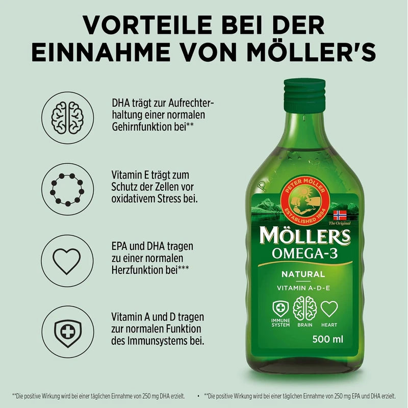 Möller's Omega 3 Cod Liver Oil, Omega 3 Dietary Supplement with EPA, DHA, Vit A, D and E, High Purity Natural Cod Liver Oil, 165 Year Old Brand, Superior Taste Award, Neutral Taste, 250 ml