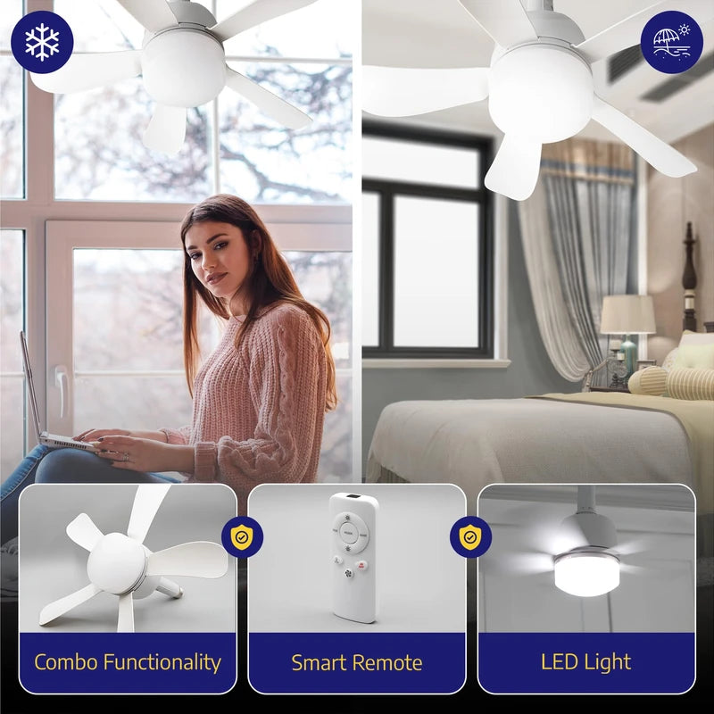 Wunder Cool Socket Fan Light, Small Ceiling Fans with Lights & Remote, E26 Base Screw in Ceiling Fan in Light Socket Fan Light Bulb with 5 Light Modes & 3 Fan Speed Levels