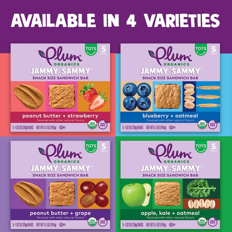 Plum Organics | Jammy Sammy Snack Bars | Organic Toddler & Kids Snacks | Blueberry & Oatmeal | 1.2 Ounce Bar (30 Total) | New Look, Packaging May Vary