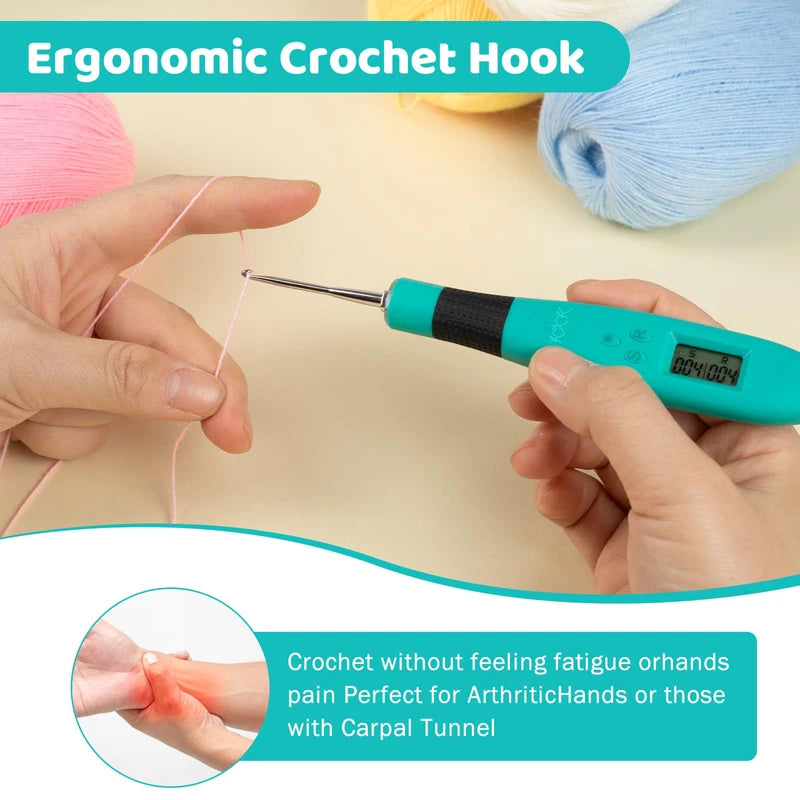 KXK Crochet Hooks Set Digital – Original Ergonomic Counter to Track Rows and Stitches – Crochet Kit with 18 Different Size Interchangeable Crochet Needle with 2 Levels Led