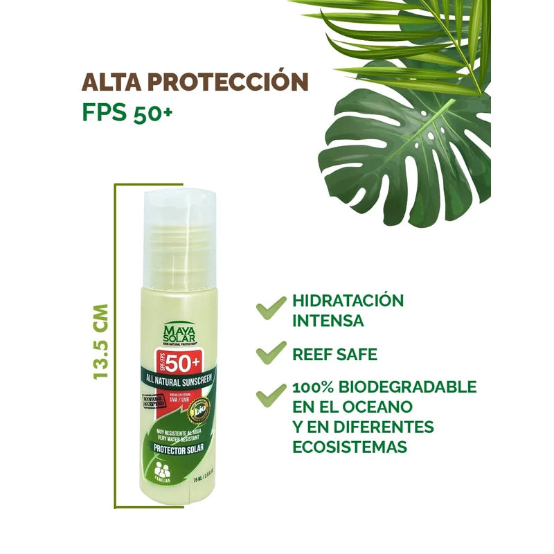 Maya Solar Bloqueador Solar 100% Biodegradable SPF 50+ 75 ml para Viajes