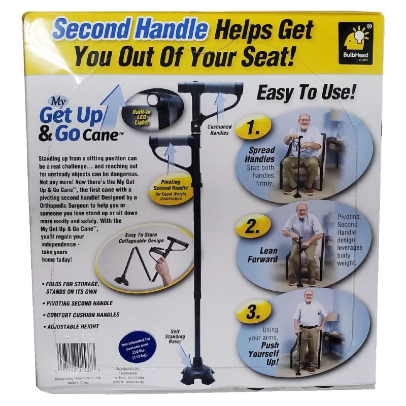BulbHead My Get Up & Go Cane – Adjustable Portable Walking Support with Built-in LED Light, 4-Prong Freestanding Base, Fits Heights 29″–36″