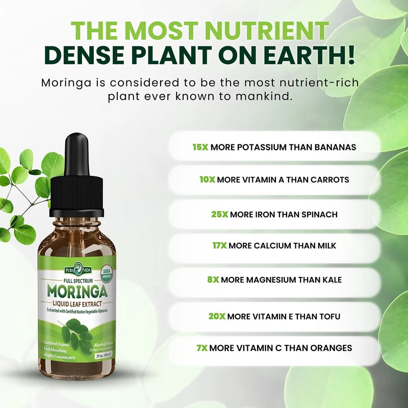 PURA VIDA MORINGA Organic Moringa Leaf Extract Liquid Drops - USDA Organic Certified - Highly Purified, Bioavailable & Faster Absorption Than Moringa Powder or Capsules - Single Origin Moringa Oleifera Leaves Extract